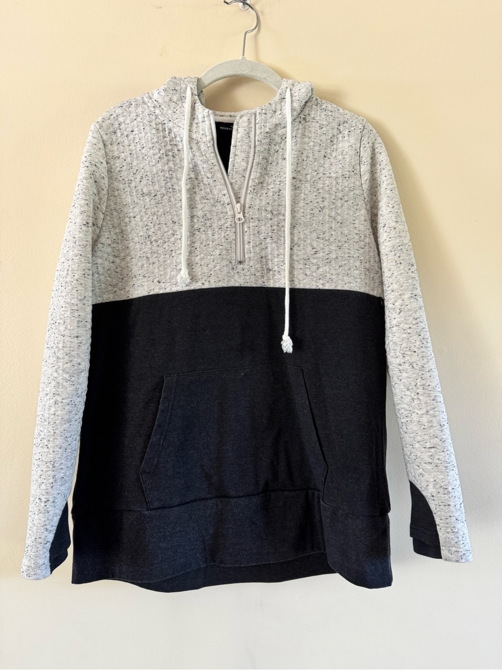 Nursing Queen Two-Tone Half-Zip Hoodie Sweater - Light Gray Speckle & Black